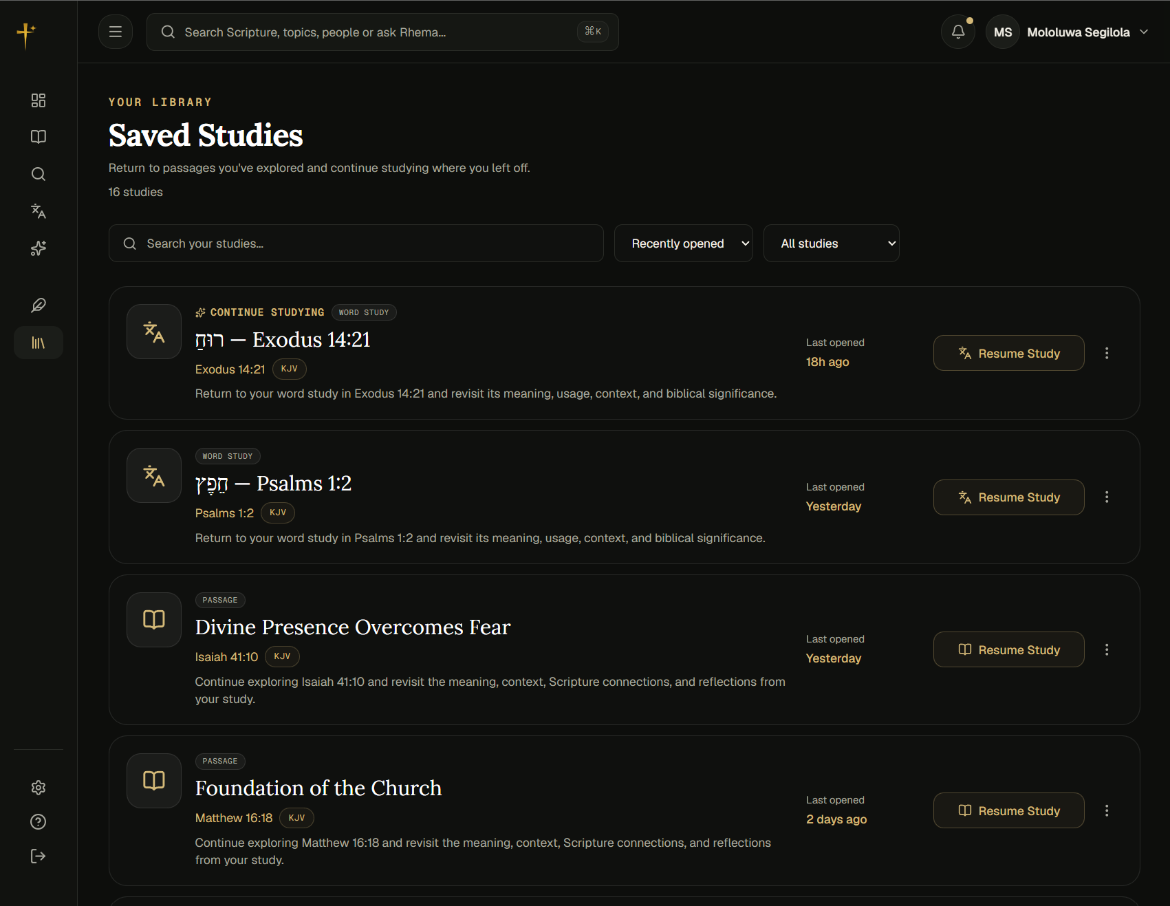 Rhema Personal Library Dashboard UI